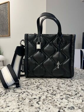 Marc Jacobs Black Quilted Leather Satchel with Striped Detachable Strap